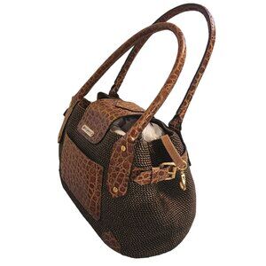 Eric Javits Squishee Tan Straw Shoulder Bag Tote Embossed Alligator Leather Trim